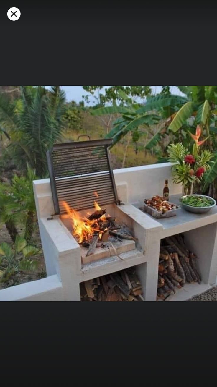 an outdoor fire pit with food on it and plants in the backgroung