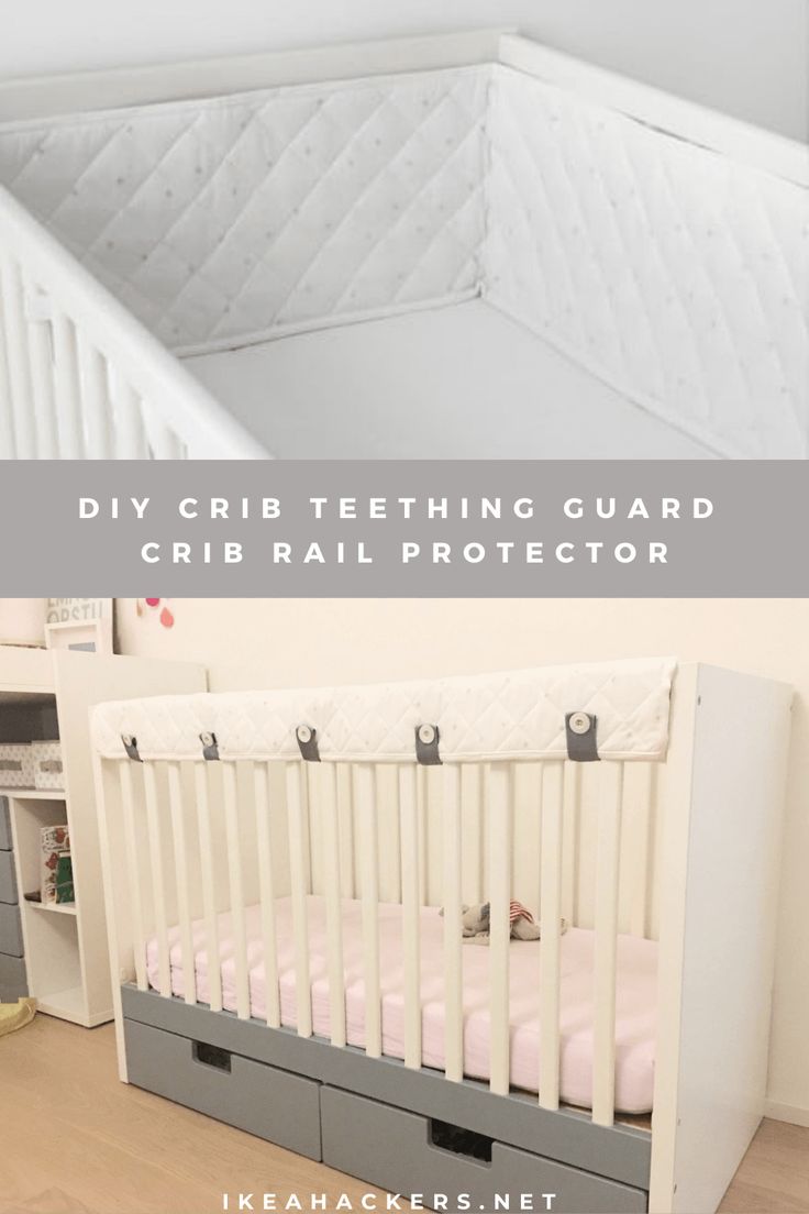 a baby crib that is sitting in the middle of a room with text overlay reading diy grid teething guard crib rail protector