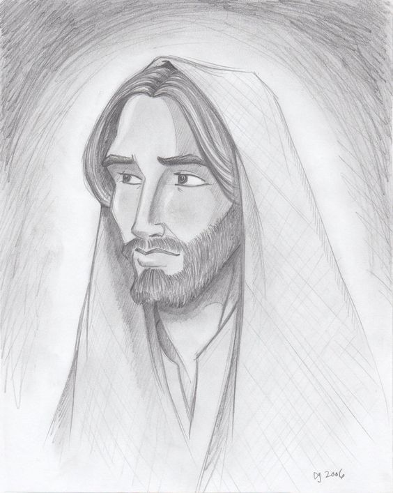 a pencil drawing of jesus with his head turned to the side and looking straight ahead