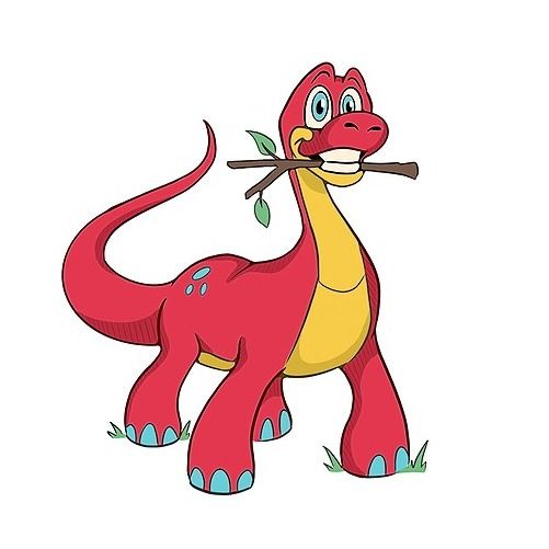 a cartoon dinosaur with a stick in its mouth and holding something in it's mouth