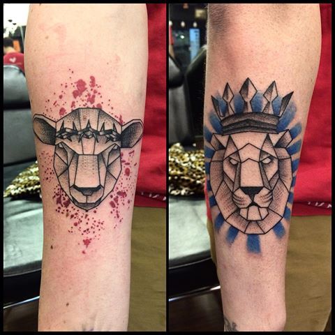 two tattoos on the legs of people, one with a lion head and another with a crown