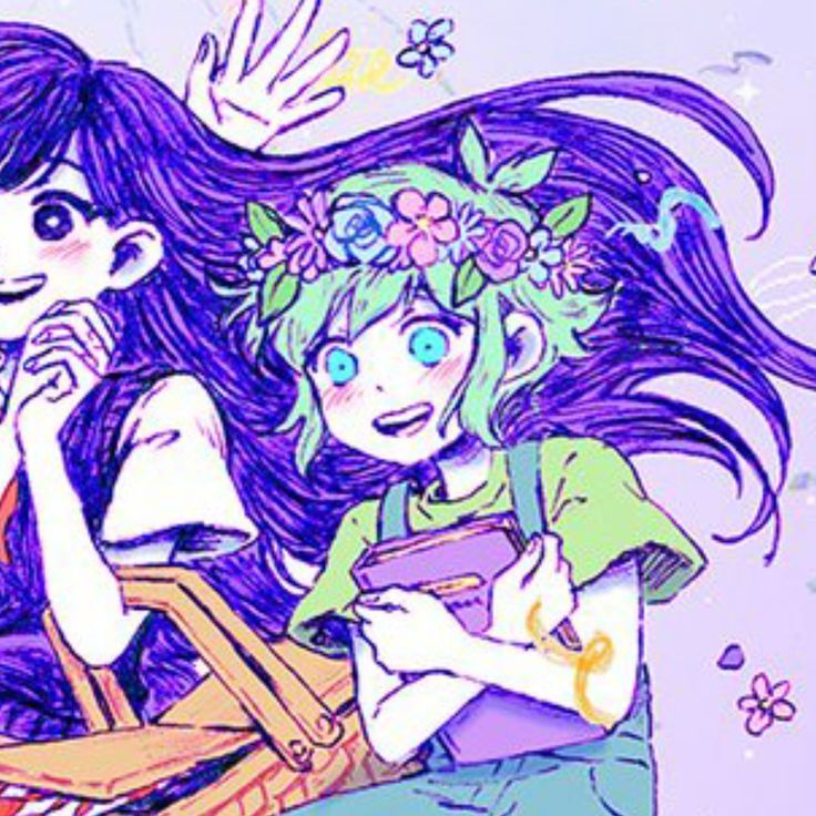 a drawing of two girls with flowers on their head and one girl holding a book