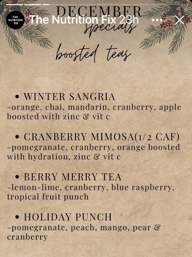 a menu for winter teas with the names and ingredients on it, along with an image of pine branches