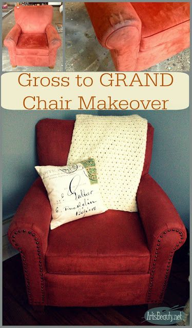 a red chair with a pillow on it and the words gross to grand chair makeover