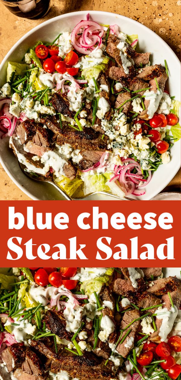 blue cheese steak salad with tomatoes, onions and lettuce