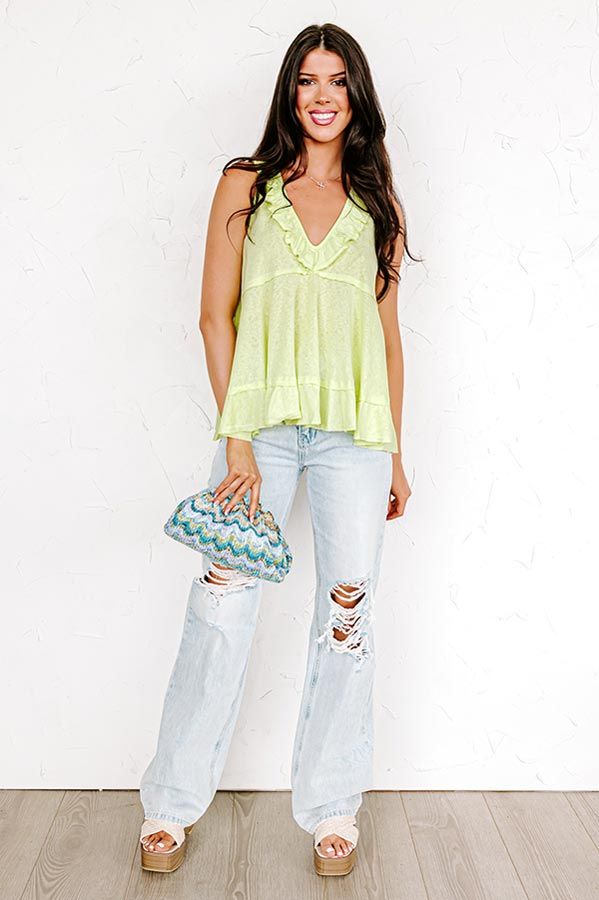 No sunshine needed when you wear this beautiful lime colored shift top featuring lightweight material, a v-cut neckline with ruffled trim detailing that continues over the sleeveless shoulder straps, a racerback fit, and a relaxed silhouette that falls into a straight hemline! on products Measurements S : Bust 36", Hip 50", Length 25", Waist 42". M : Bust 38", Hip 52", Length 25.5", Waist 44". L : Bust 40", Hip 54", Length 26", Waist 46". XL : Bust 42", Hip 56", Length 26.5", Waist 48". Lime Green Tank Top, Chic Rayon V-neck Tank Top, V Cut, V Cuts, Shoulder Straps, Trim, Luxury Fashion, Fashion Trends, How To Wear