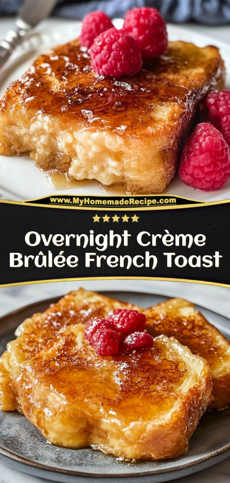 overnight creme brule french toast with raspberries on top and the title overlay reads overnight creme brule french toast