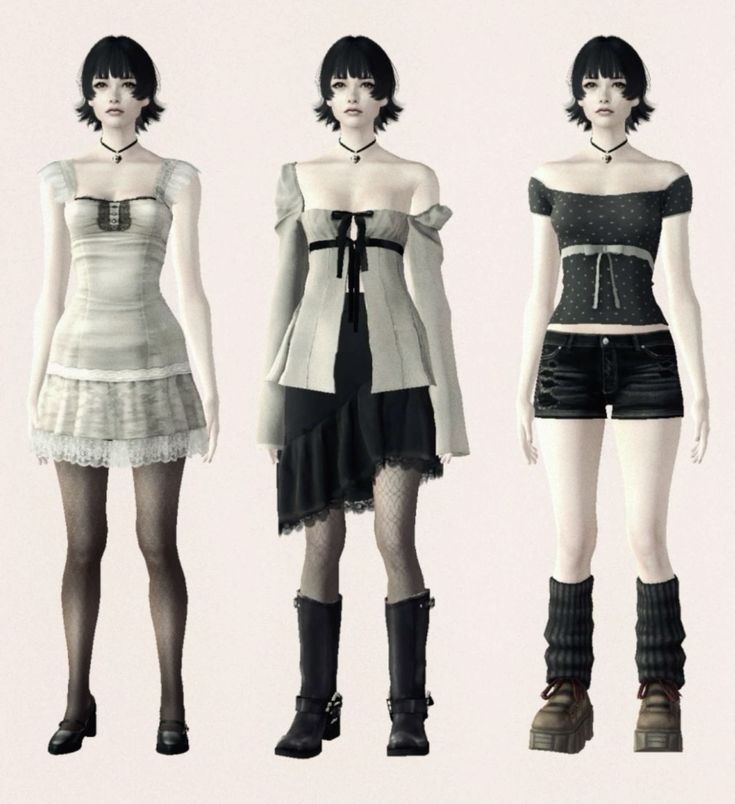 three female mannequins with short skirts and boots, all in different styles