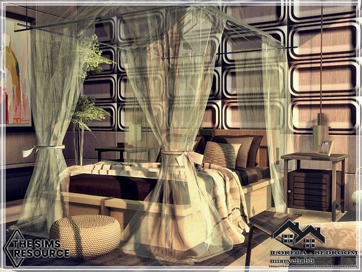 an artistic rendering of a bedroom with sheer curtains on the ceiling and bed in the middle