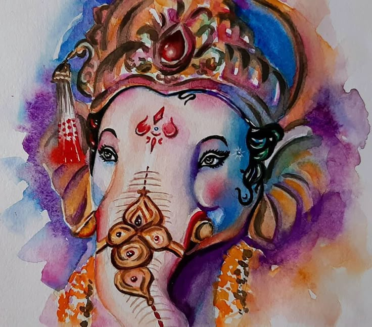 a painting of an elephant with a crown on it's head and eyes painted in watercolor