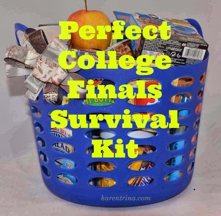 the perfect college final survival kit is in a blue basket with an apple on top