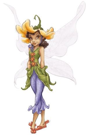 a drawing of a fairy with yellow hair and green leaves on her head, standing in front of a white background