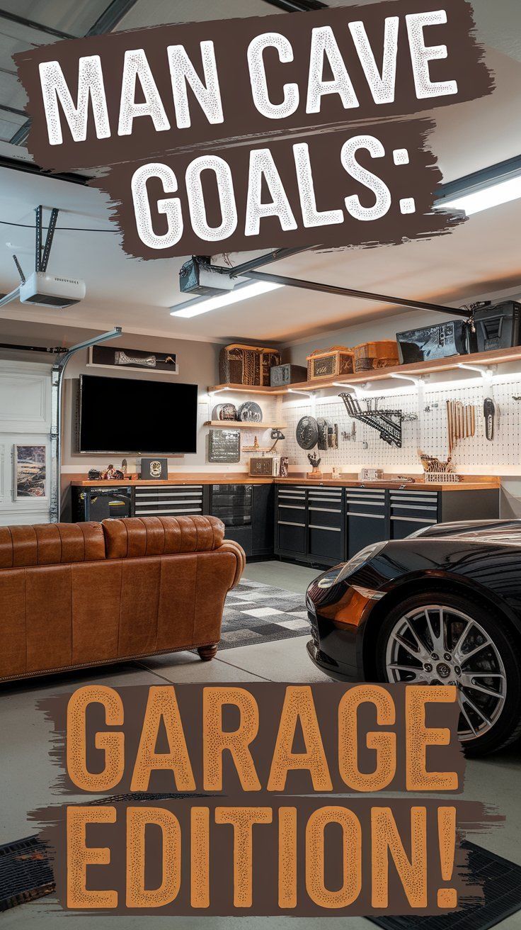 a car is parked in a garage with the words man cave goals written on it