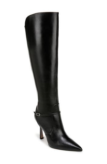 4" heel 14 3/4" shaft; 14" regular calf circumference 14 3/4" shaft; 16" wide calf circumference Side zip closure Leather upper/synthetic lining/rubber sole Imported Elegant Fitted Knee-high Boots With Buckle Closure, Classic Office Boots With 4-inch Heel, Classic Knee-high Heels For Work, Business Boots With Buckle Closure, Classic Fitted High Shaft Boots, Fitted Business Boots With Buckle Closure, Fitted Office Boots With Buckle Closure, Fitted Boots With Buckle Closure For Work, Fitted Workwear Boots With Buckle Closure