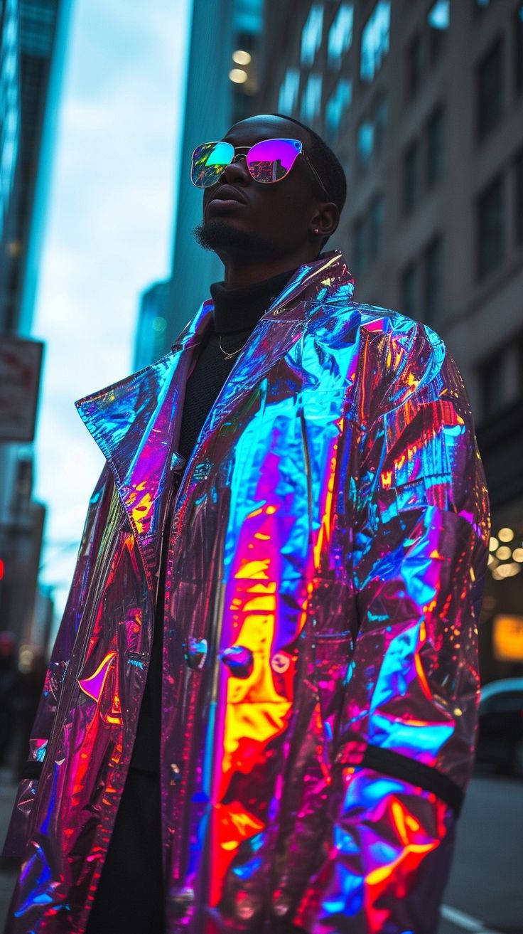 Futuristic Urban Style: A man exudes confidence wearing a #holographic jacket paired with cool #sunglasses on a #citystreet. #fashion #cityscape #neon #holographic #sunglasses #aiart #aiphoto #stockcake ⬇️ Download and 📝 Prompt 👉 https://stockcake.com/i/futuristic-urban-style_300206_545651 Mens Futuristic Fashion, Futuristic Fashion Male, Punk Outfits Men, Futuristic Party, Neon Jacket, Holographic Jacket, Mystery Parties, Summer Bash, Neon Fashion