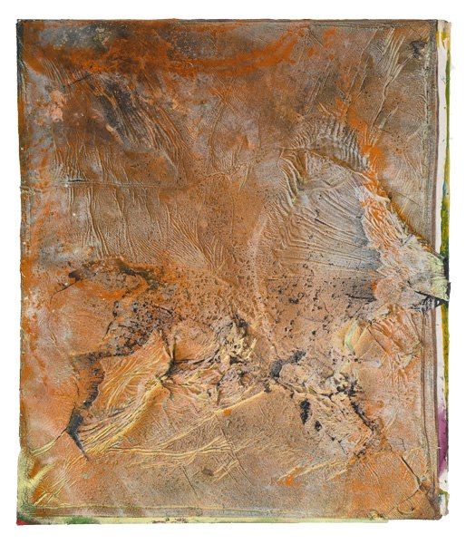 an abstract painting with orange and brown colors on the surface is shown in this image