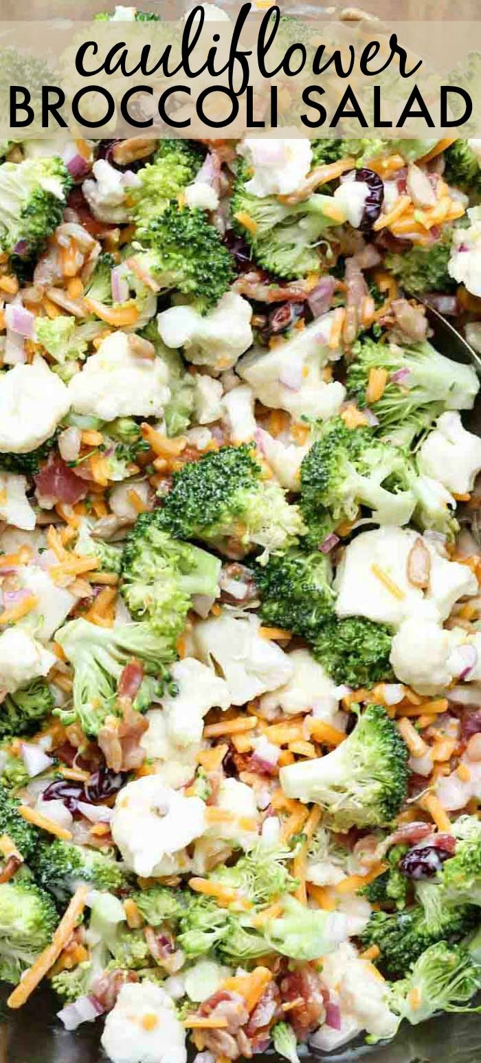 broccoli and cauliflower salad in a glass bowl with the title above it