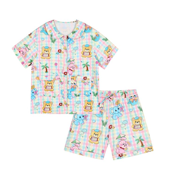 This set of plaid pajamas features animal and floral prints, with two pockets on the top for added convenience.Get ready for a comfortable and stylish night's sleep in this adorable and practical sleepwear.  The price includes only one set of pajamas.   	 		 			Top Size 			S 			M 		 		 			Length 			66 			68 		 		 			Bust 			102 			106 		 		 			Shoulders 			47 			48 		 		 			Sleeve Length 			19 			20 		 	      	 		 			Shorts Size 			S 			M 		 		 			Length 			42 			44 		 		 			Waist 			68-98 			72-102 		 		 			Hips 			111 			115 		 		 			Thigh 			69 			71 Kawaii Summer Sleepwear For Pajama Party, Kawaii Summer Pajama Party Sleepwear, Kawaii Sleepwear For Summer Pajama Party, Kawaii Summer Sleepwear For Loungewear, Kawaii Summer Sleepwear, Cute Multicolor Sleepwear For Pajama Party, Casual Sets With Pockets For Sleepover, Casual Bedtime Sets With Pockets, Multicolor Cartoon Print Sleepwear For Pajama Party