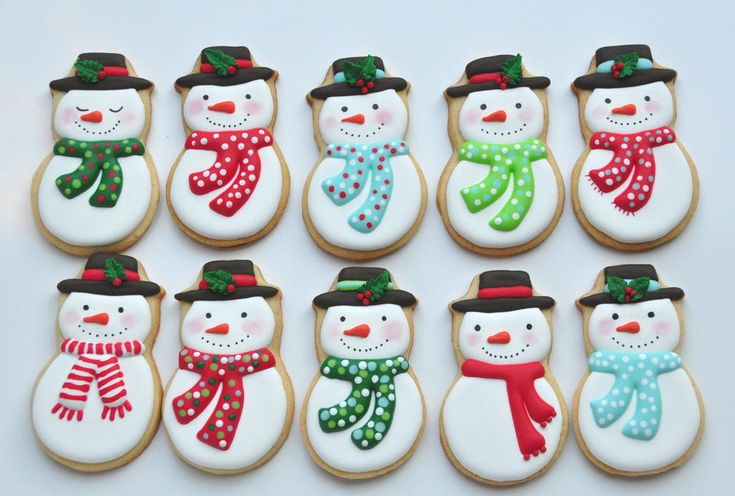 decorated cookies in the shape of snowmen with hats and scarves