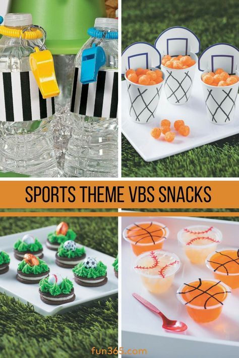 sports themed treats and snacks are on display in this collage with the words sports theme vbs snacks