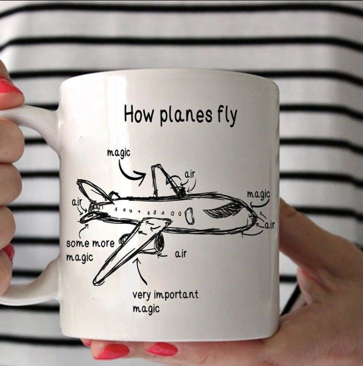 a woman is holding a coffee mug with an airplane diagram on the front and side