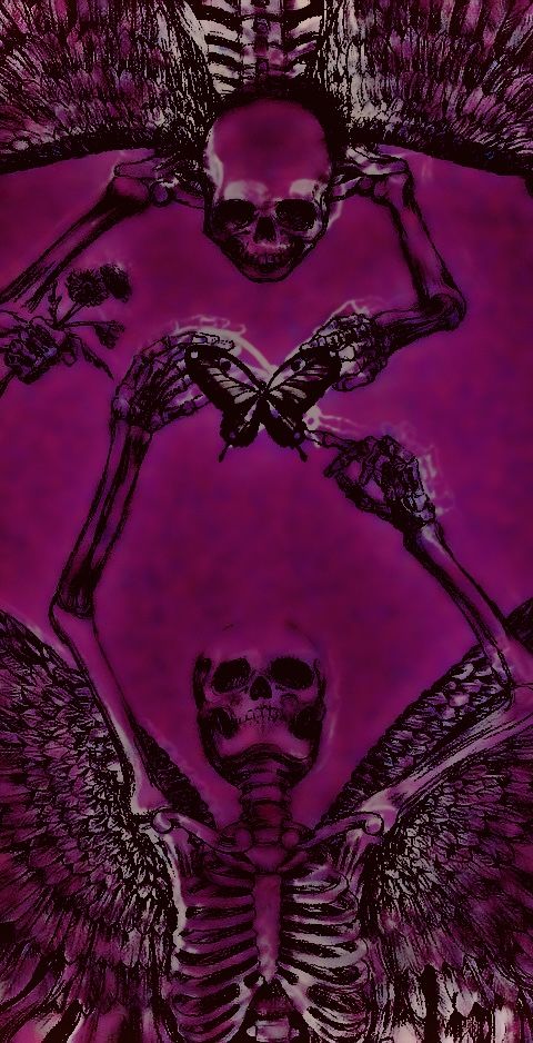 a painting of two skeletons with wings and skulls on their backs, in front of a purple background