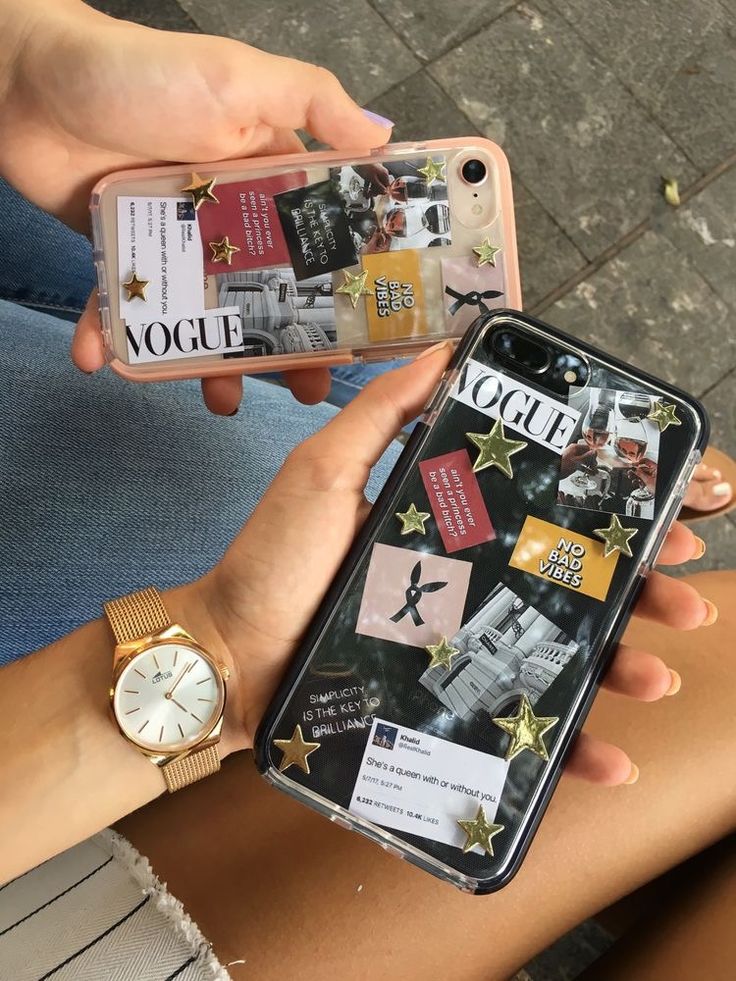 a woman holding an iphone case that has photos on it and gold stars around the edges