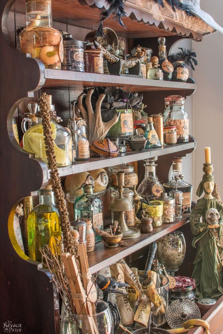 a shelf filled with lots of bottles and jars