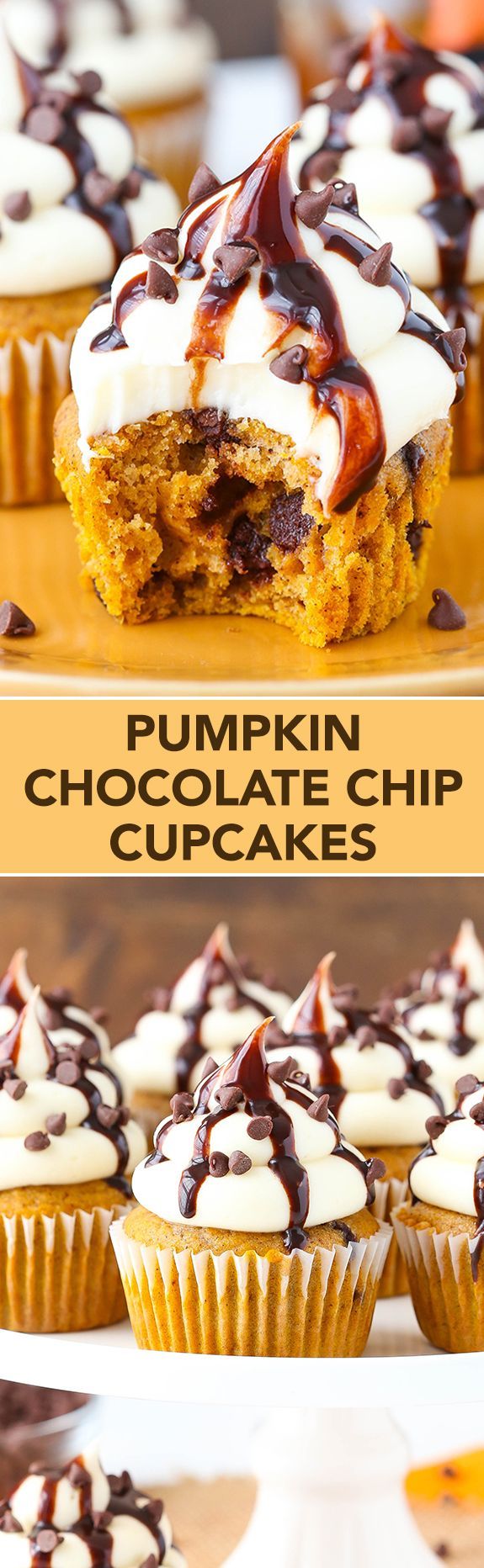 pumpkin chocolate chip cupcakes with white frosting and drizzled on top