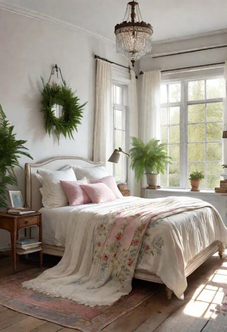 a bedroom with white walls, wooden floors and lots of plants on the windowsill