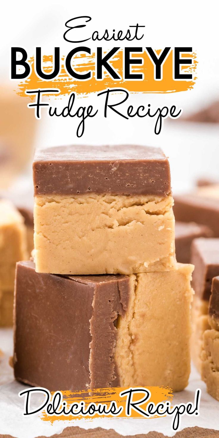 three pieces of fudge recipe stacked on top of each other with text overlay