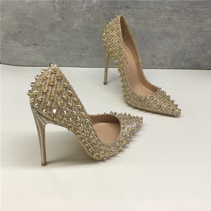 Super Sassy Baby Stud Gold Style Heels 35-42 Eu Must Have !!! Comment 10 Cm Or 12 Cm Height Two Height Available ! Summer Party Heels With Gold Studs, Studded Fitted Heels For Formal Occasions, Formal Studded Fitted Heels, Formal Fitted Studded Heels, Champagne Pointed Toe Heels For Cocktail, Chic Embellished Champagne Heels, Designer Spiked Heels With Pointed Toe, Designer Spiked Pointed Toe Heels, Designer Heels With Spikes And Pointed Toe