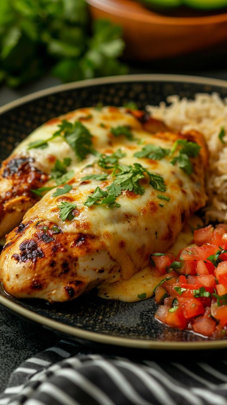 a plate topped with chicken and rice covered in cilantro garnishes