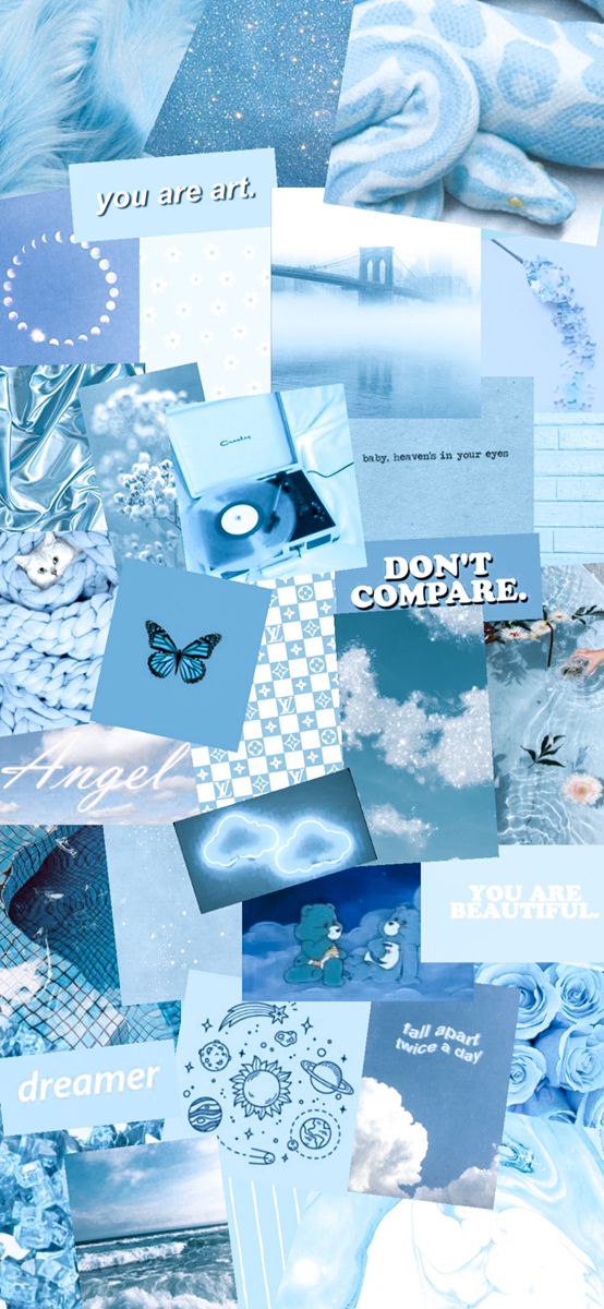 a collage of blue and white images