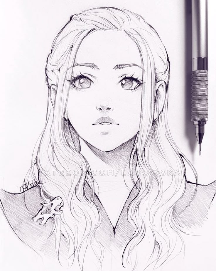 a pencil drawing of a girl with long hair