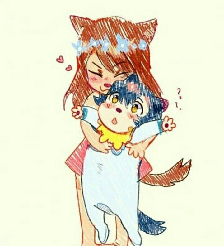 a drawing of a girl hugging a cat on her shoulder with another person behind her