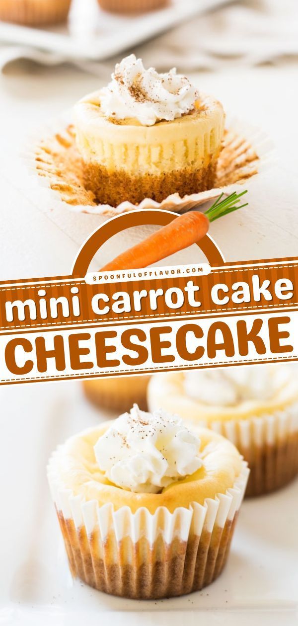 mini carrot cake cheesecake on a white plate with the title overlay reading mini carrot cake