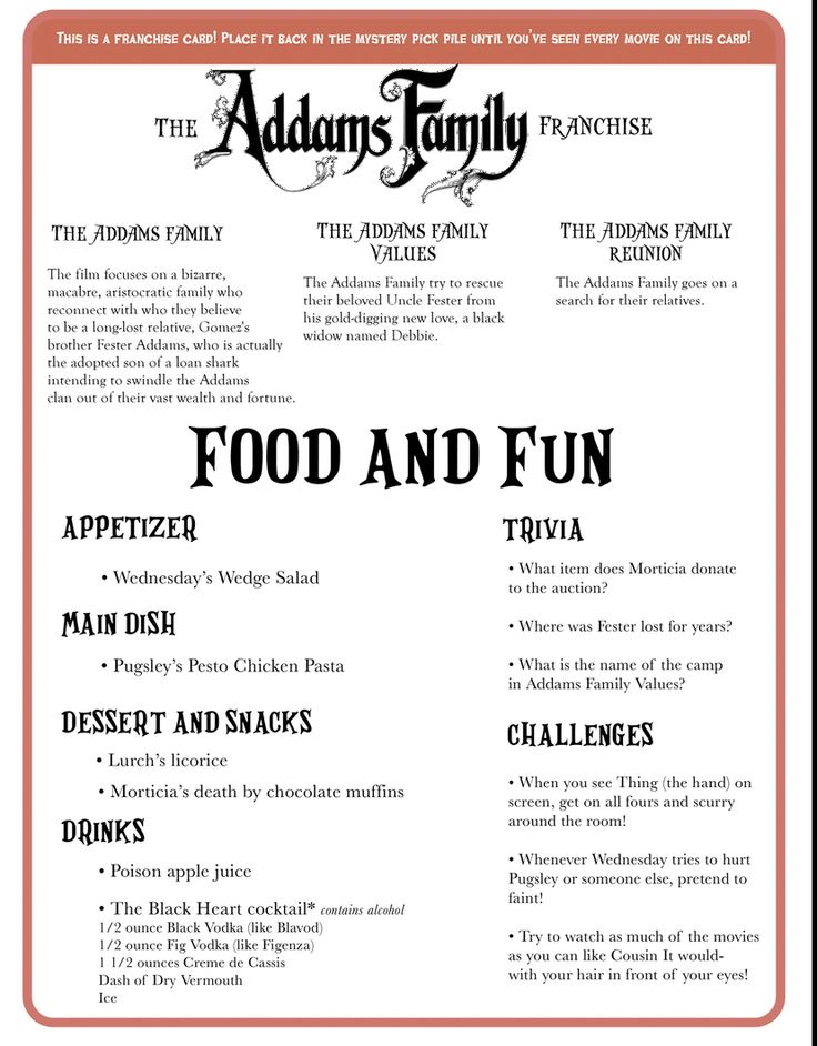 an advertisement for the adams family food and fun