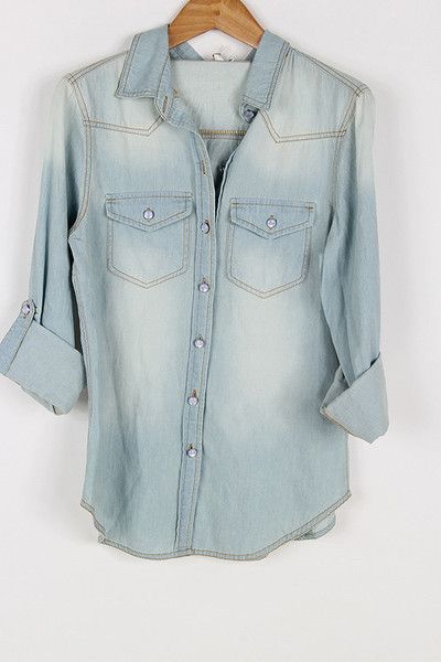 Light Denim Shirt from Gypsy Outfitters. I dread anything resembling a Texas Tuxedo, but I love this and would it pair with black skinnies. Texas Tuxedo, Light Denim Shirt, School Clothes, Back To School Outfits, Light Denim, Black Skinnies, Denim Shirt, Cute Shirts, School Outfits