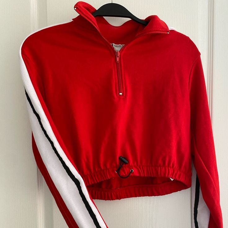 New With Tags Size S, Forever 21 Red, White And Black Cropped, Drawstring Waist Sporty Half 1/2 Zip, Terry Cloth Interior Perfect For Spring And Summer Red Long Sleeve Cotton Crop Top, Cropped Half Zip, Black Crop, Terry Cloth, Forever 21 Tops, Half Zip, Drawstring Waist, Black Red, Forever 21