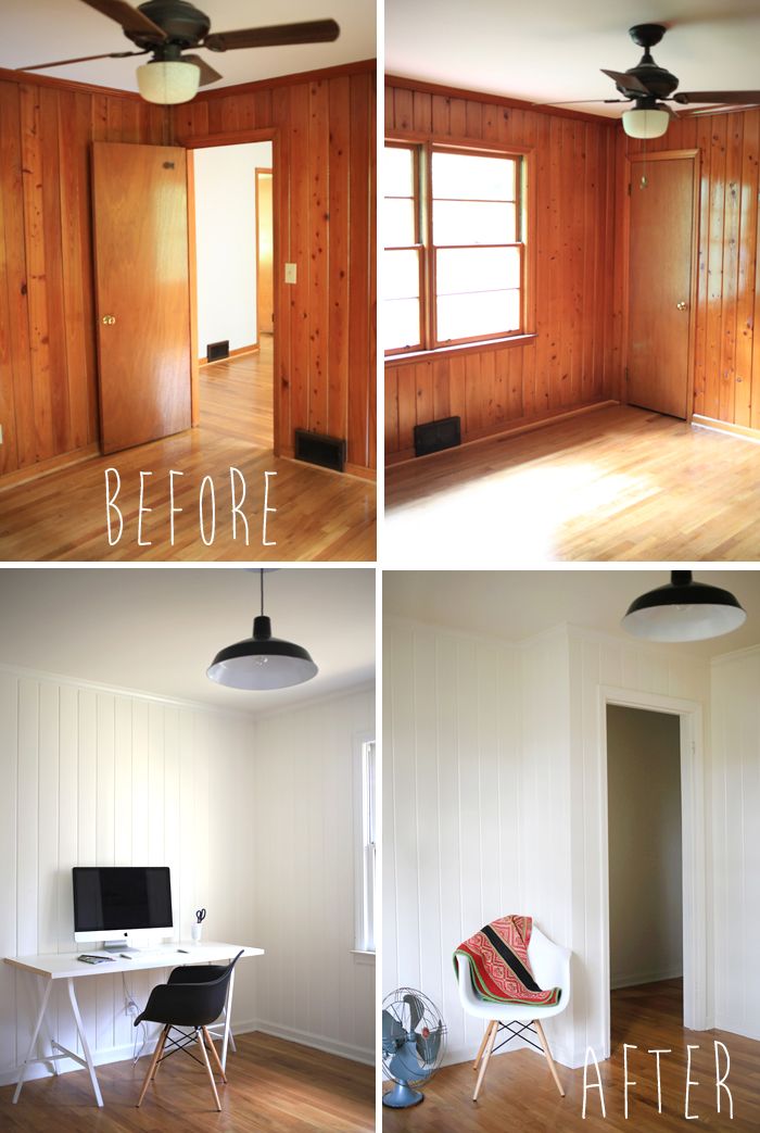 four different pictures show the before and after of an empty room with wood paneling