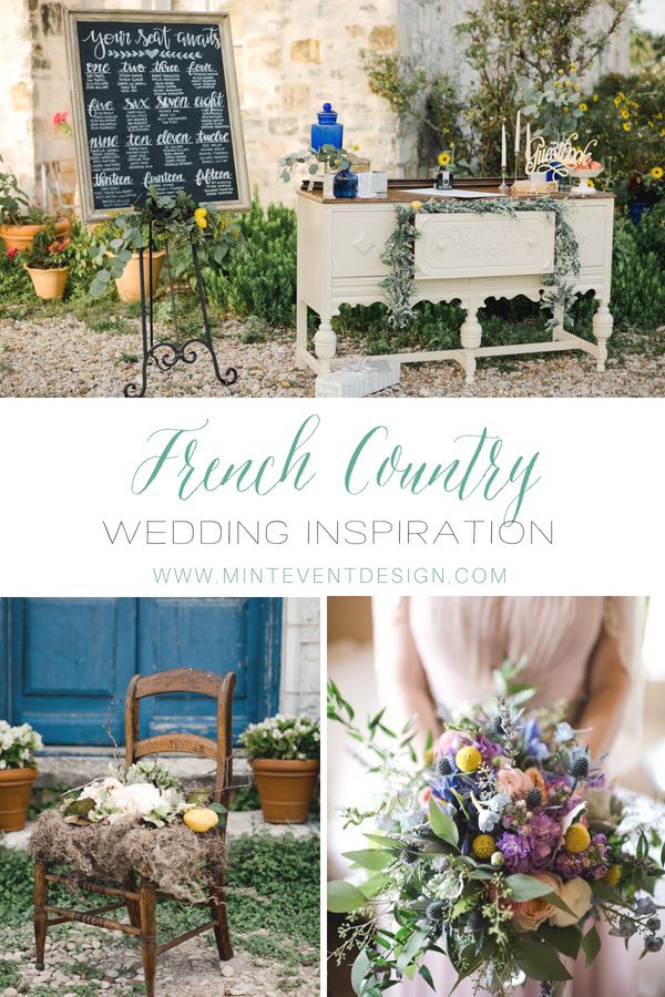 the french country wedding inspiration board is full of flowers and greenery, including an old chair