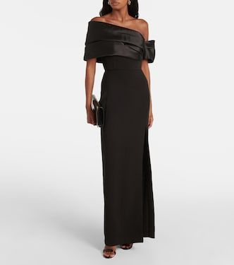 Alexis satin-trimmed maxi dress in black - Solace London | Mytheresa Dressy Evening Maxi Dress In Floor-length, Dressy Evening Maxi Dress Floor-length, Dressy Floor-length Maxi Dress For Evening, Floor-length Satin Dinner Dresses, Chic Maxi-length Cocktail Gown, Chic Maxi Length Evening Gown, Chic Maxi Length Cocktail Gown, Chic Maxi Cocktail Gown, Chic Evening Maxi Dress For Formal Occasions