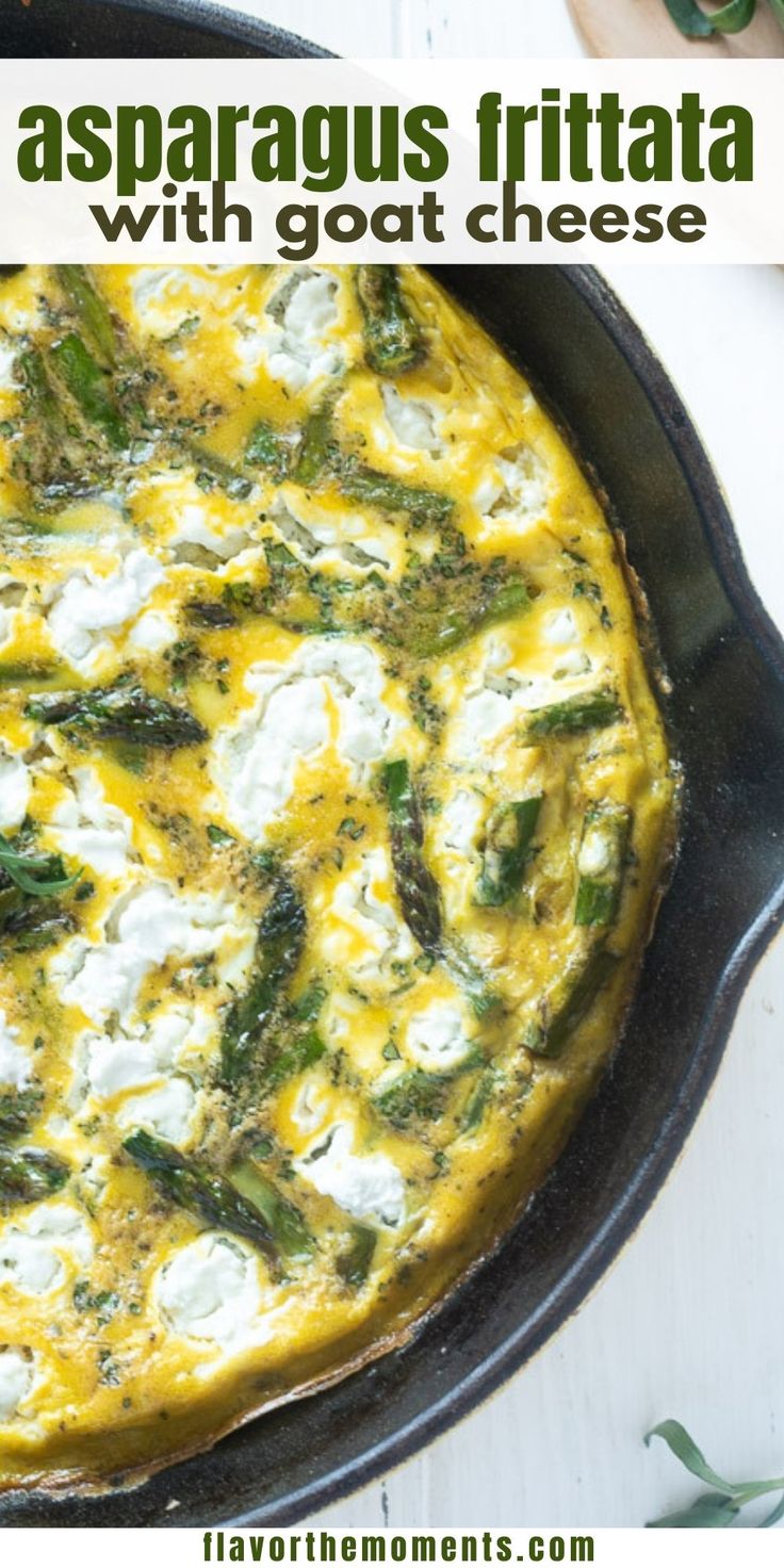 an asparagus frittata with goat cheese in a cast iron skillet