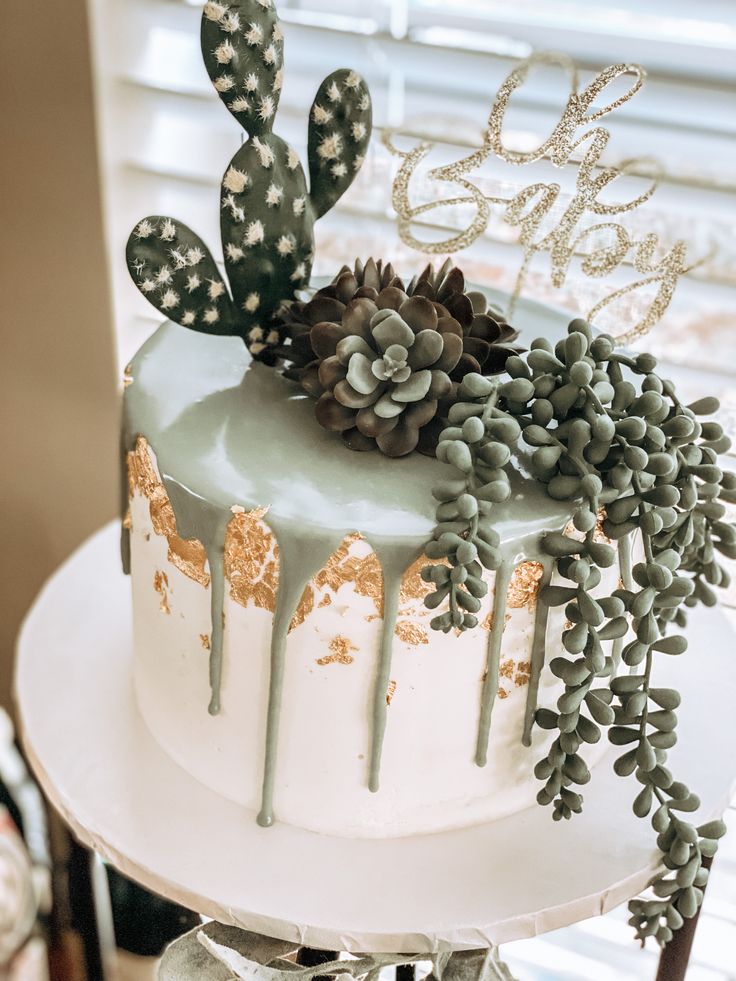 a cake decorated with succulents and frosting