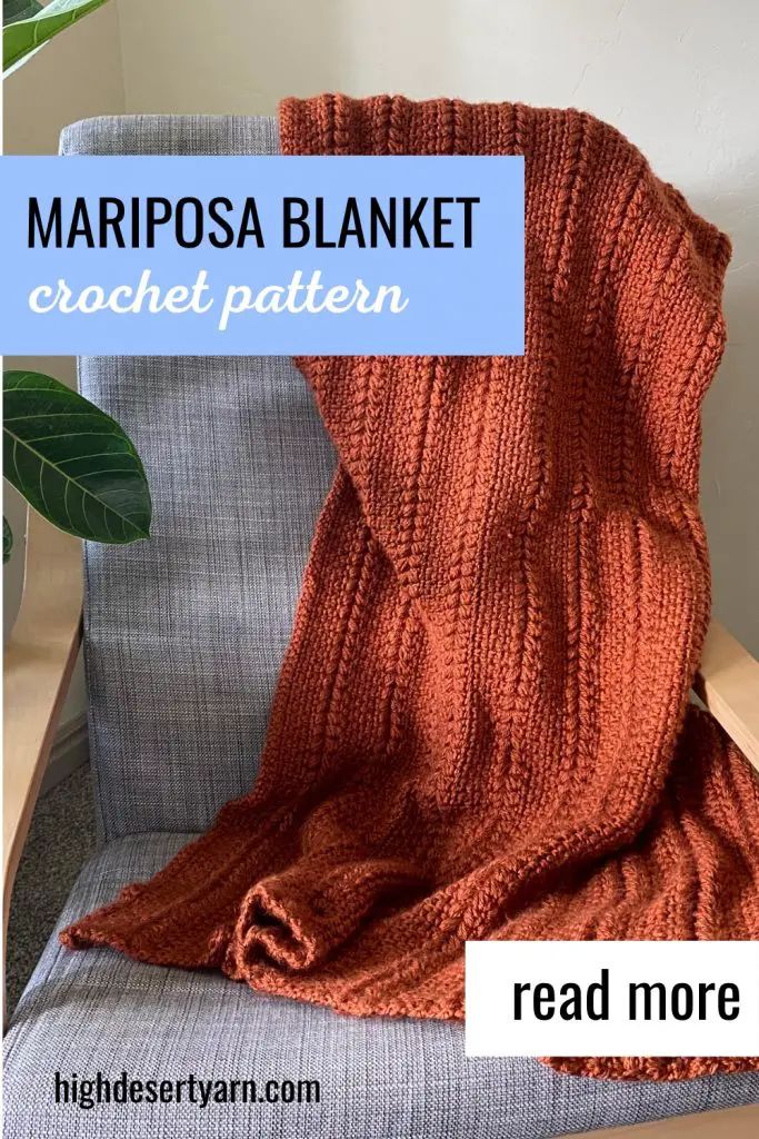 an orange blanket sitting on top of a chair next to a potted plant and the words, marposa blanket crochet pattern read more