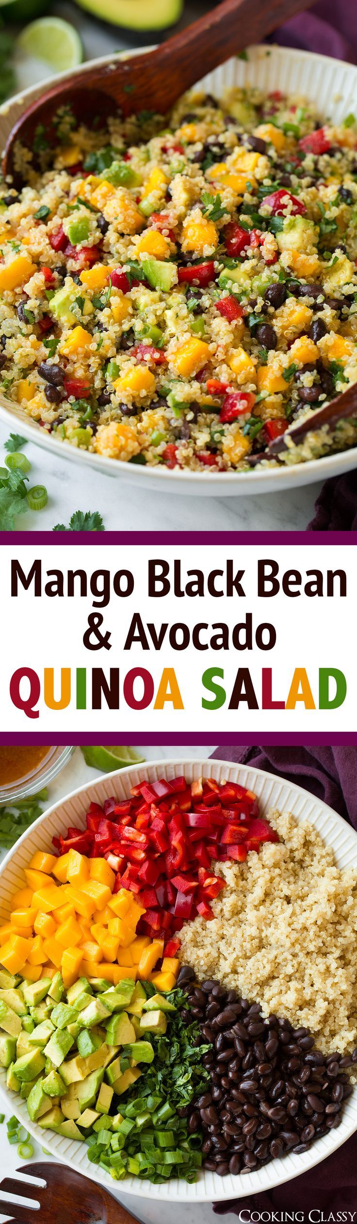 mango black bean and avocado quinoa salad in a large serving dish