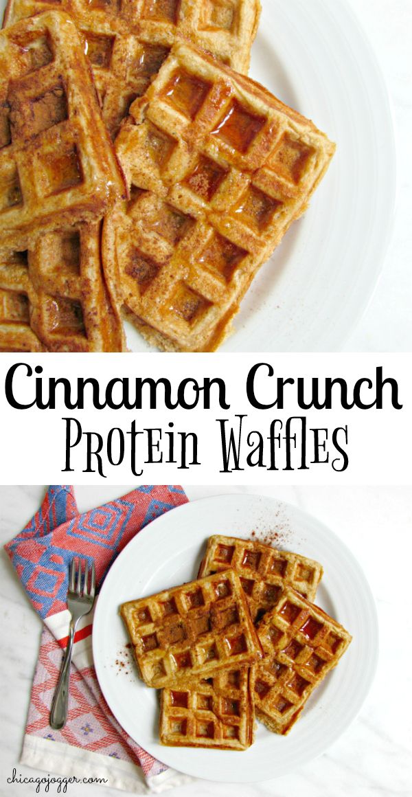 cinnamon crunch protein waffles on a white plate