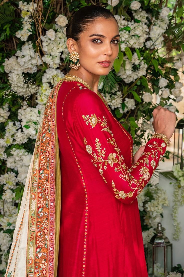 Temi – Sania Maskatiya International Red Elegant Kurta For Traditional Ceremonies, Elegant Red Kurta For Traditional Ceremonies, Long Sleeve Kundan Traditional Wear With Zari Work, Anarkali Traditional Wear With Dabka Work For Ceremonies, Anarkali Salwar Kameez With Hand Embellished Traditional Drape, Chinon Kurta With Dupatta For Traditional Ceremonies, Designer Hand Embellished Raw Silk Sharara, Red Dola Silk Traditional Wear With Dabka Work, Bollywood Hand Embellished Dupatta For Traditional Ceremonies