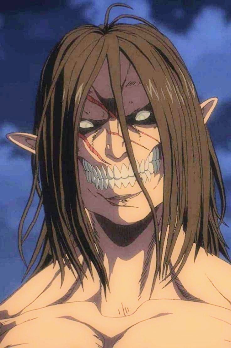 an anime character with long brown hair and white teeth is staring at the camera while he's shirtless